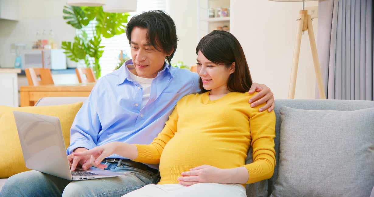 Asian Pregnant Couple Use Computer